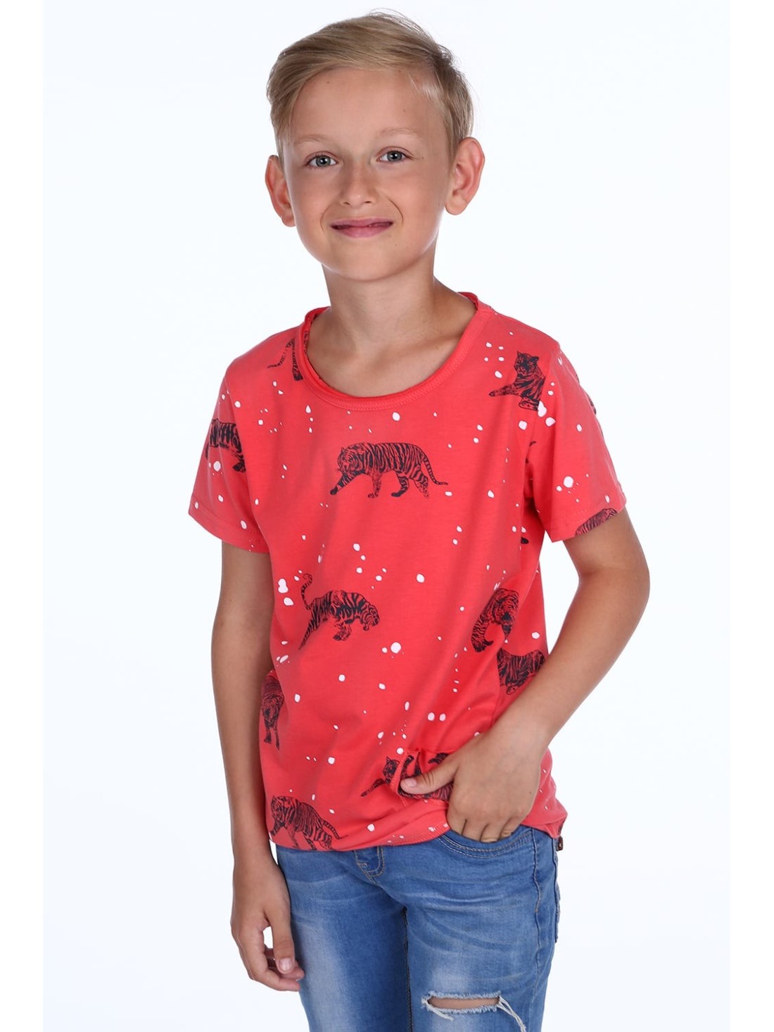 Korallenrotes T-Shirt mit Tiger-Print für Jungen NDZ4504 – Online-Shop – Boutique